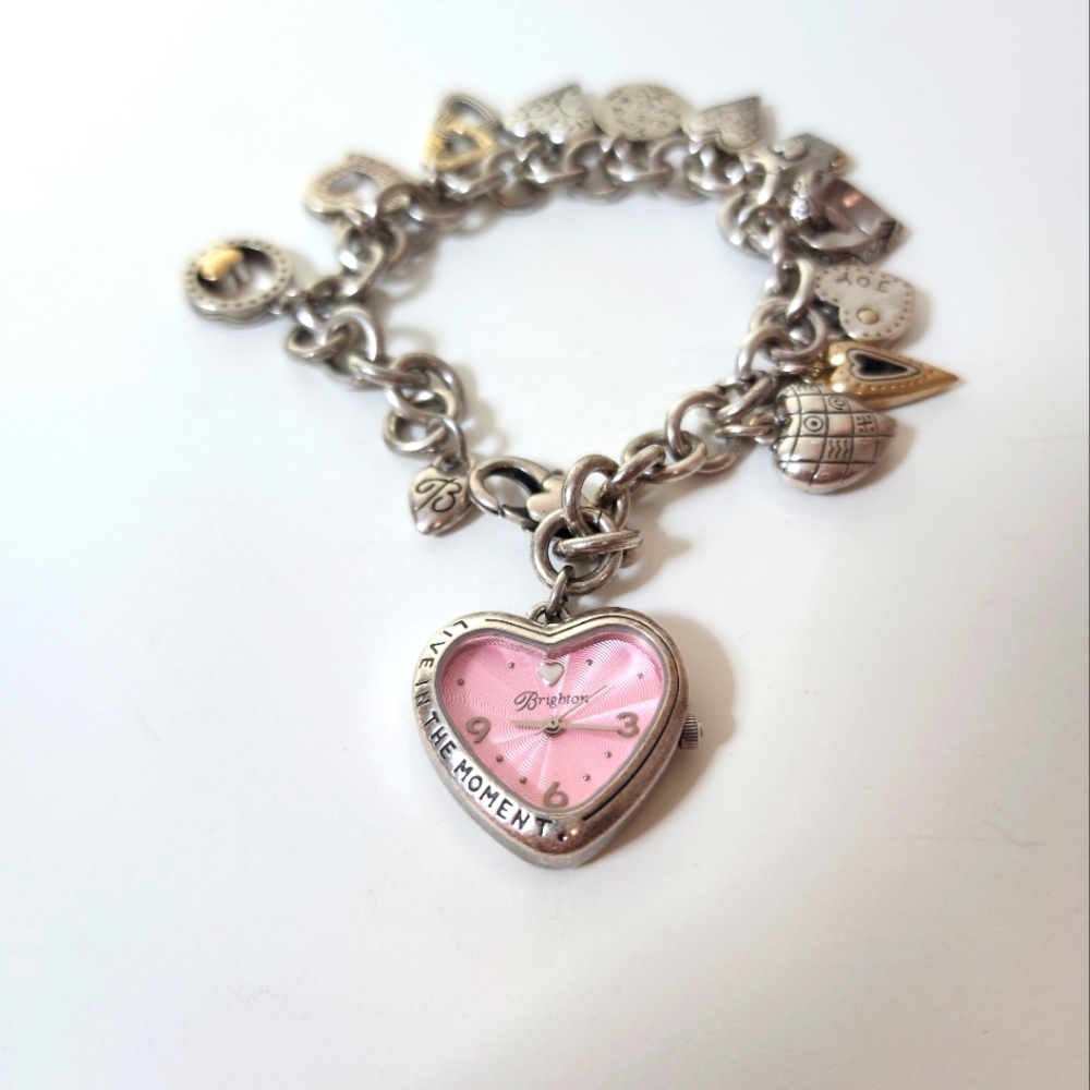 Brighton Silver Charm Bracelet with Pink Heart Watch Charm